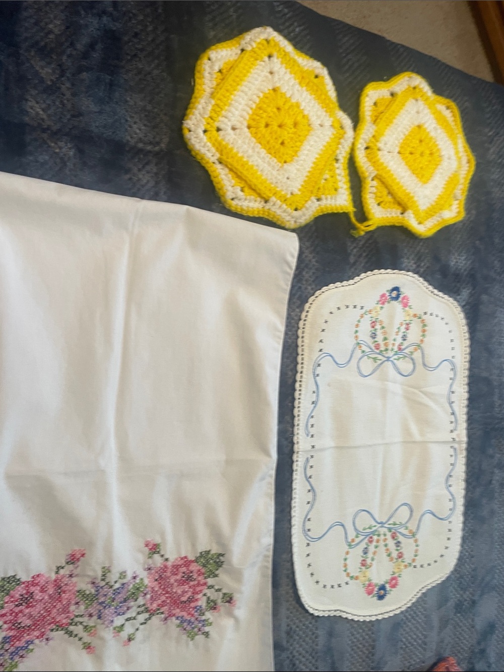 Handmade Yellow & White Crochet Doilies and Embroidered Linens